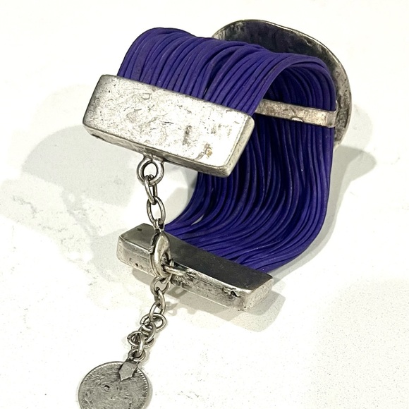 Vintage Spiral Pendant Multi Cord Bracelet, Purple & Silver, Statement Bracelet - Picture 2 of 11